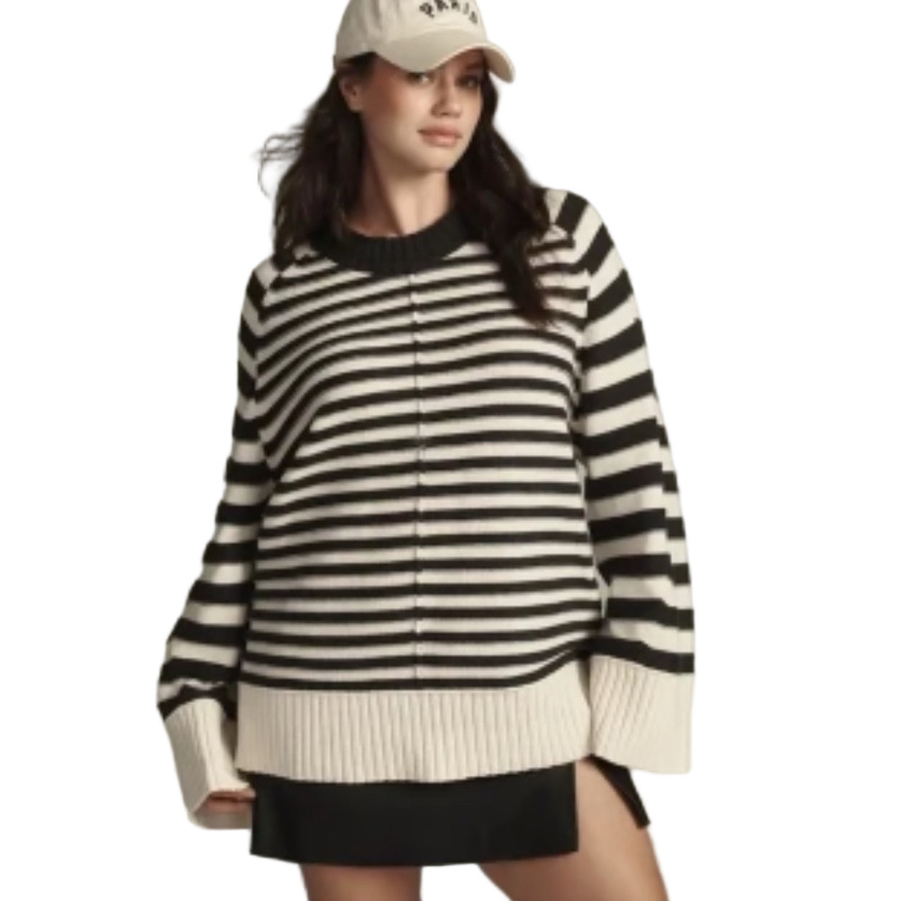 🐼Anthropologie Maeve dirty gray &Cream Striped Crew Neck relaxed Sweater size S.